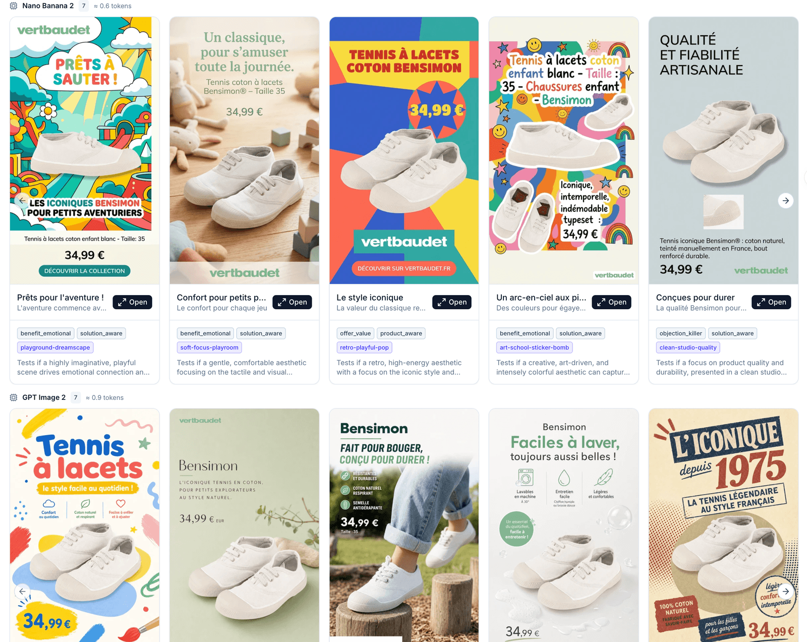 Catalog ads générés en IA pour bottillons bébé Vertbaudet : variations émotionnelle, support, matériau, sécurité