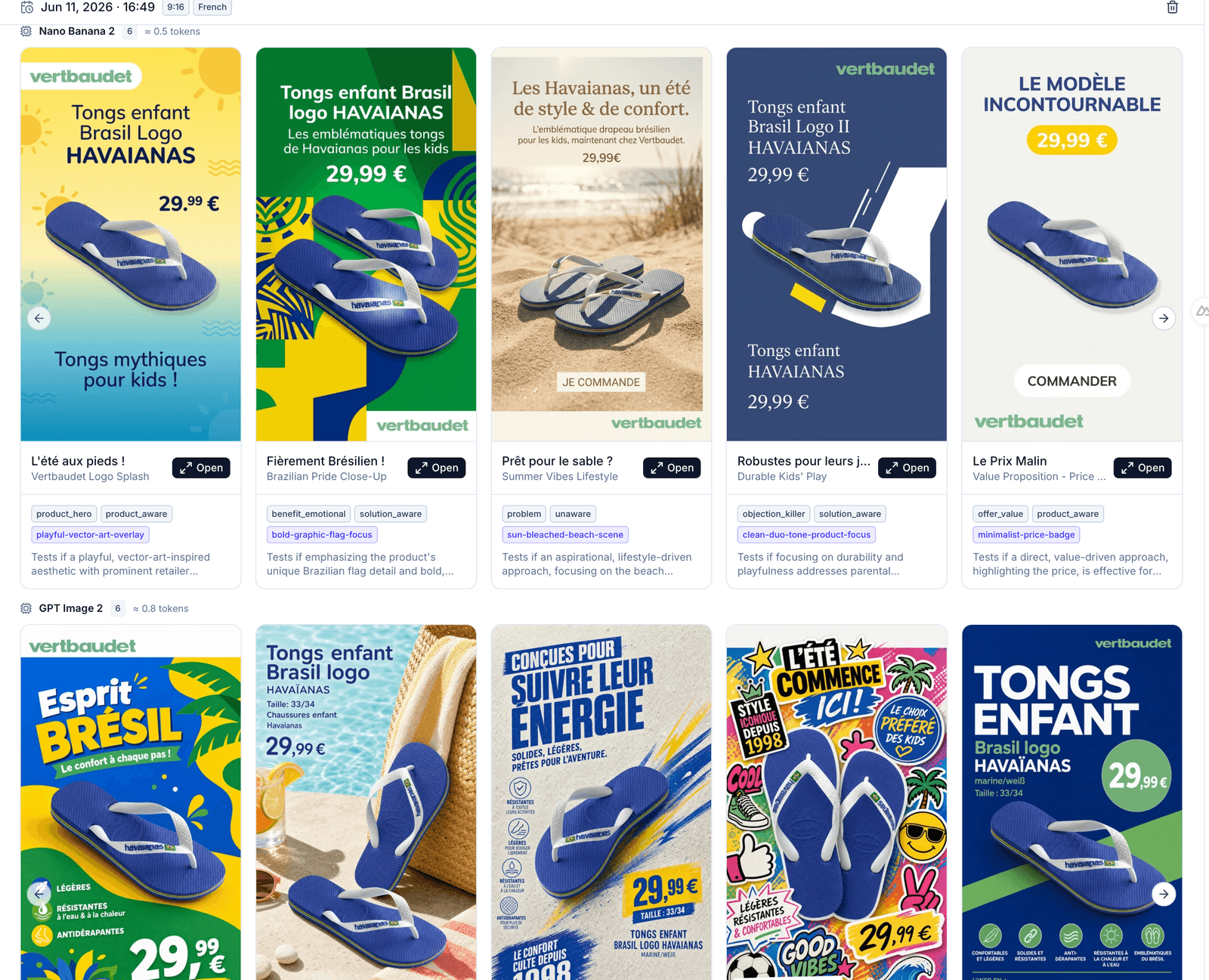 Catalog ads générés en IA pour tongs Havaianas enfant : vector pop, beach lifestyle, durabilité, prix