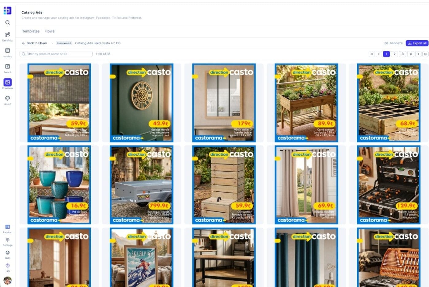 Interface Dataïads — un flow génère 36 bannières catalog ads à partir du flux produit