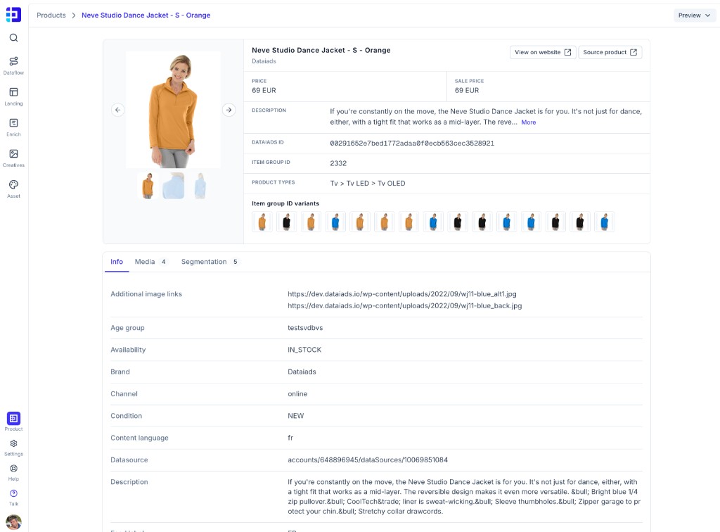 Detailed product sheet with variants