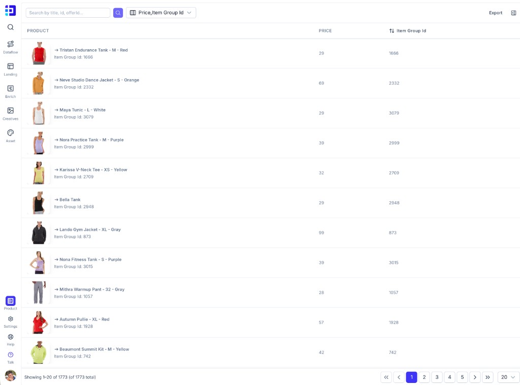 Product list filterable by price and item group id