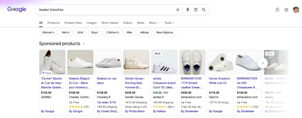 Google Shopping results for "white sneakers": a dozen very similar products offered by competing merchants.